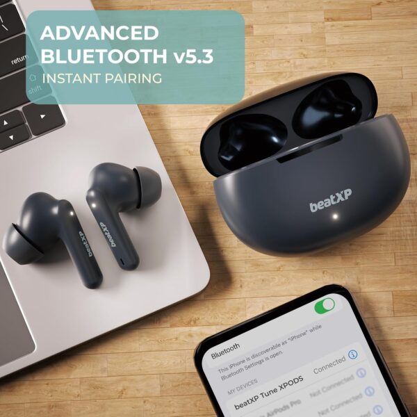 Tollymart Tune XPods Bluetooth True Wireless Earbuds with 50H Playtime, Quad Mic ENC, Gaming Mode with 40ms Low Latency,Type C Earphones with 10Mm Drivers, W/R,Bt 5.3,Touch Control(Black)